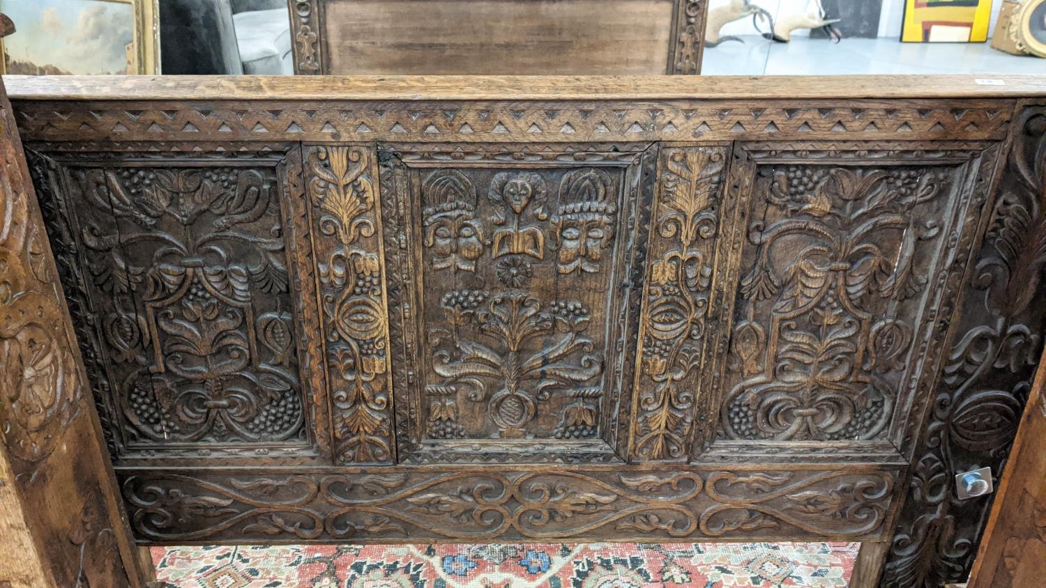 TESTER BED, 17th century oak, holly and fruitwood inlaid, carved panelled rectangular canopy above a - Image 4 of 11