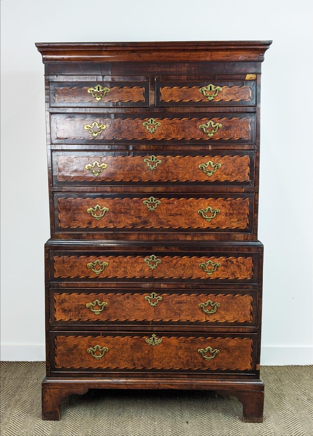 CHEST ON CHEST, George II burr elm and mahogany, circa 1750, with barber pole inlay and eight