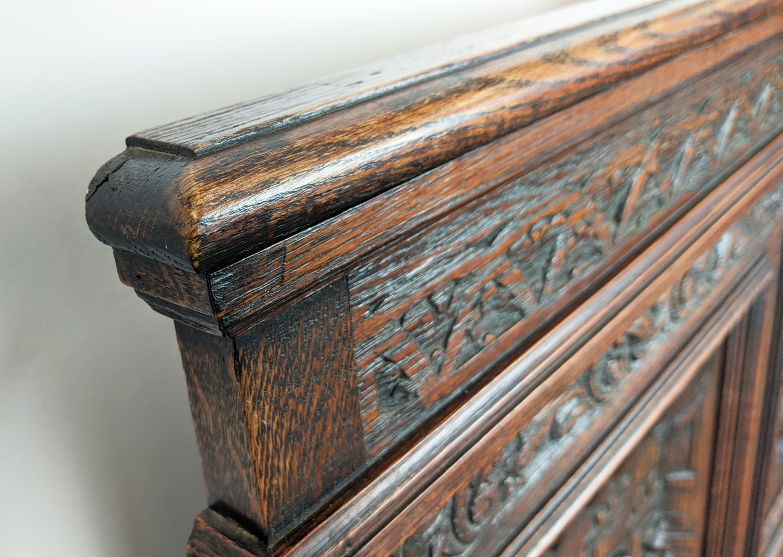 SETTLE, early 20th century Jacobean style oak with lion carved arms and hinged seat, 122cm H x - Image 12 of 12