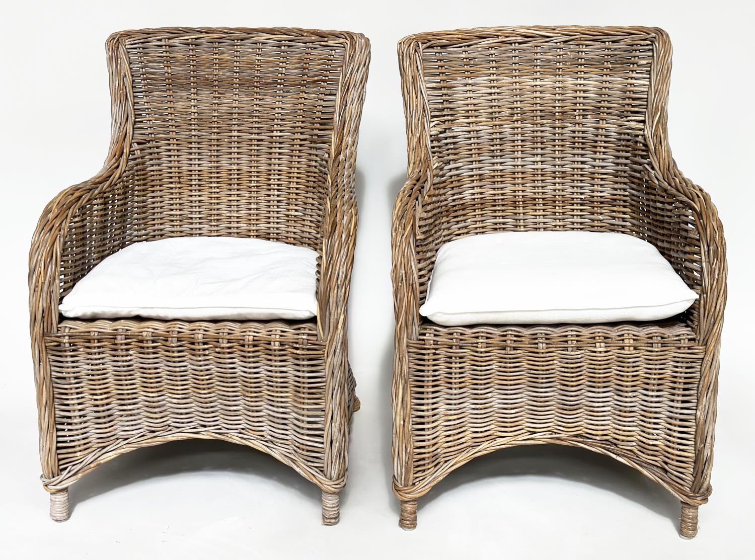 ORANGERY ARMCHAIRS, a pair, rattan framed and cane bound with cushions. (2) - Image 10 of 11