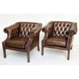 LIBRARY ARMCHAIRS, a pair, Georgian style mahogany with deep button soft natural antique brown