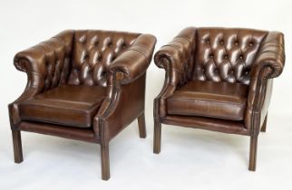 LIBRARY ARMCHAIRS, a pair, Georgian style mahogany with deep button soft natural antique brown
