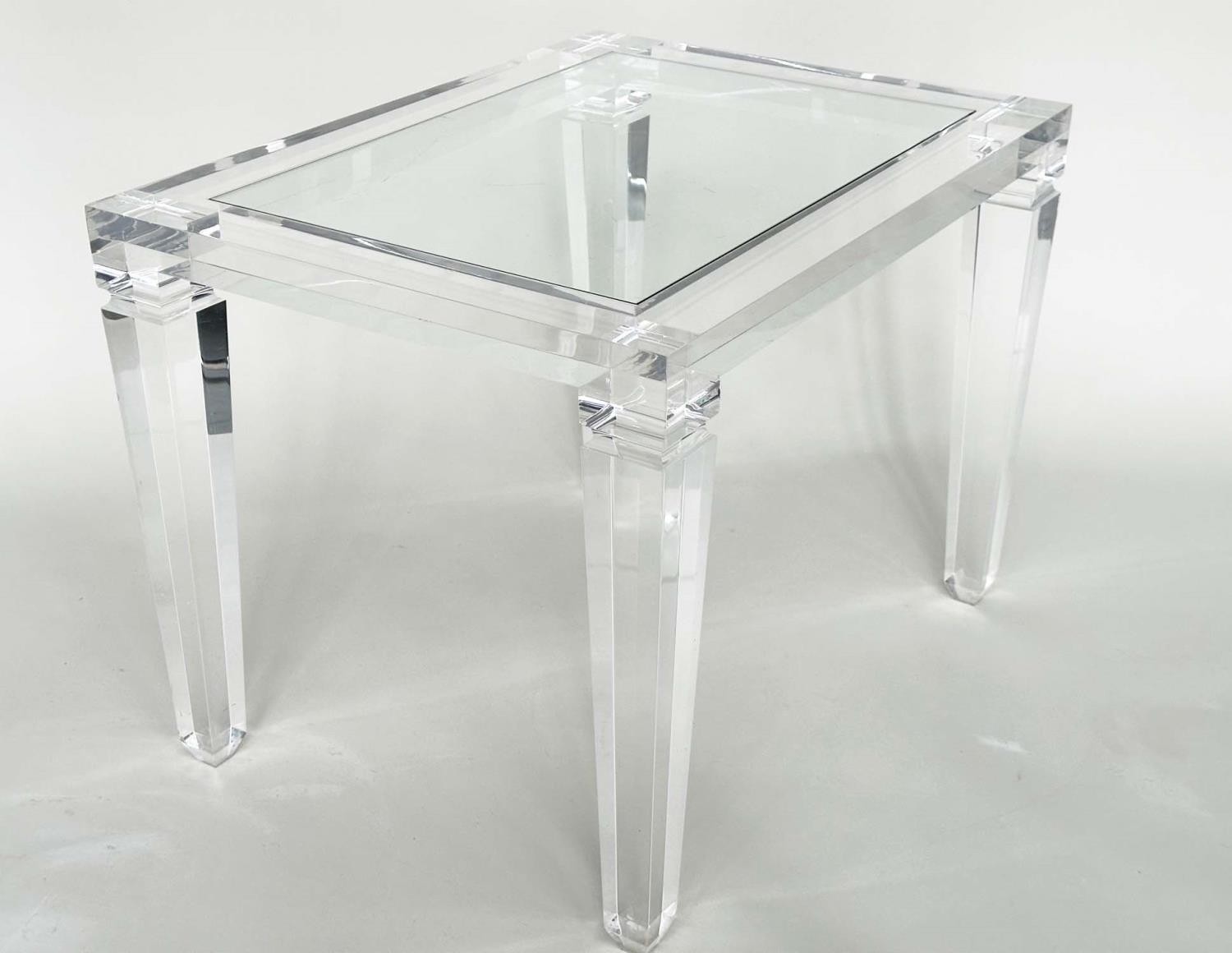 LUCITE LOW CENTRE TABLE, framed with glass inset top and square tapered supports, 80cm x 60cm x 60cm