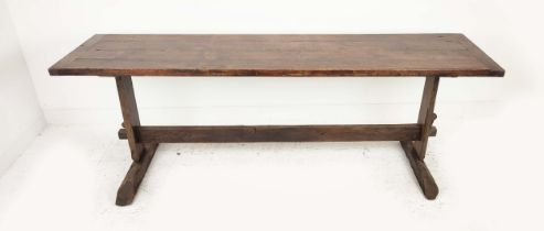 ARTS & CRAFTS OAK REFECTORY TABLE, 20th century, plank top, cleated ends, trestle base. 81cm H x