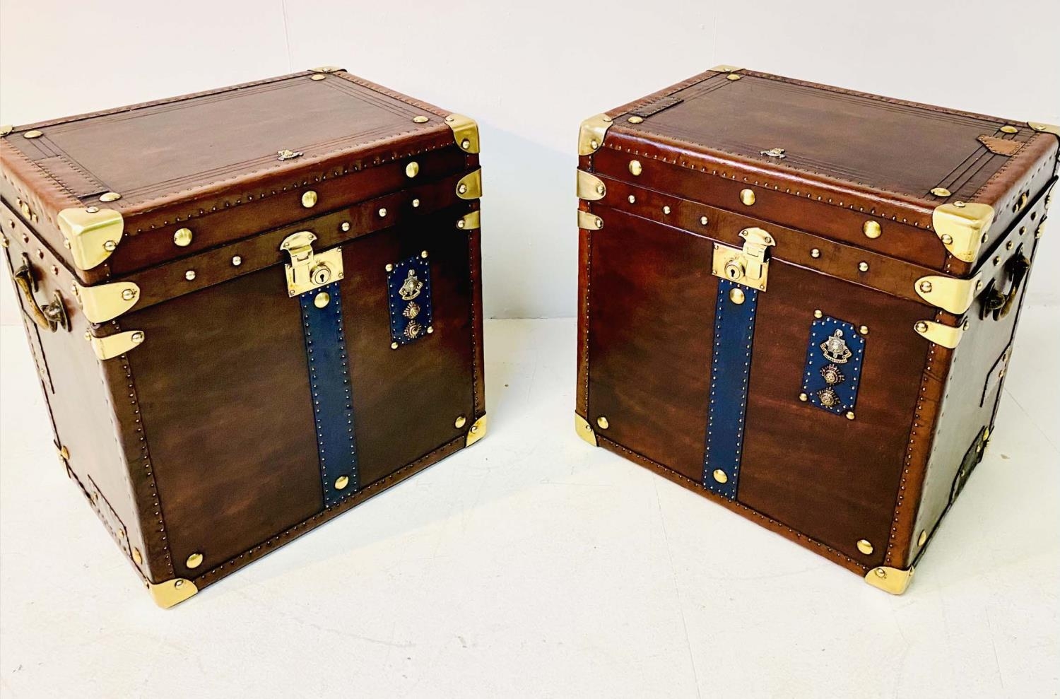 STEAMER TRUNKS, a pair, leathered and gilt metal bound with faux military decoration, 51cm H x - Image 4 of 7