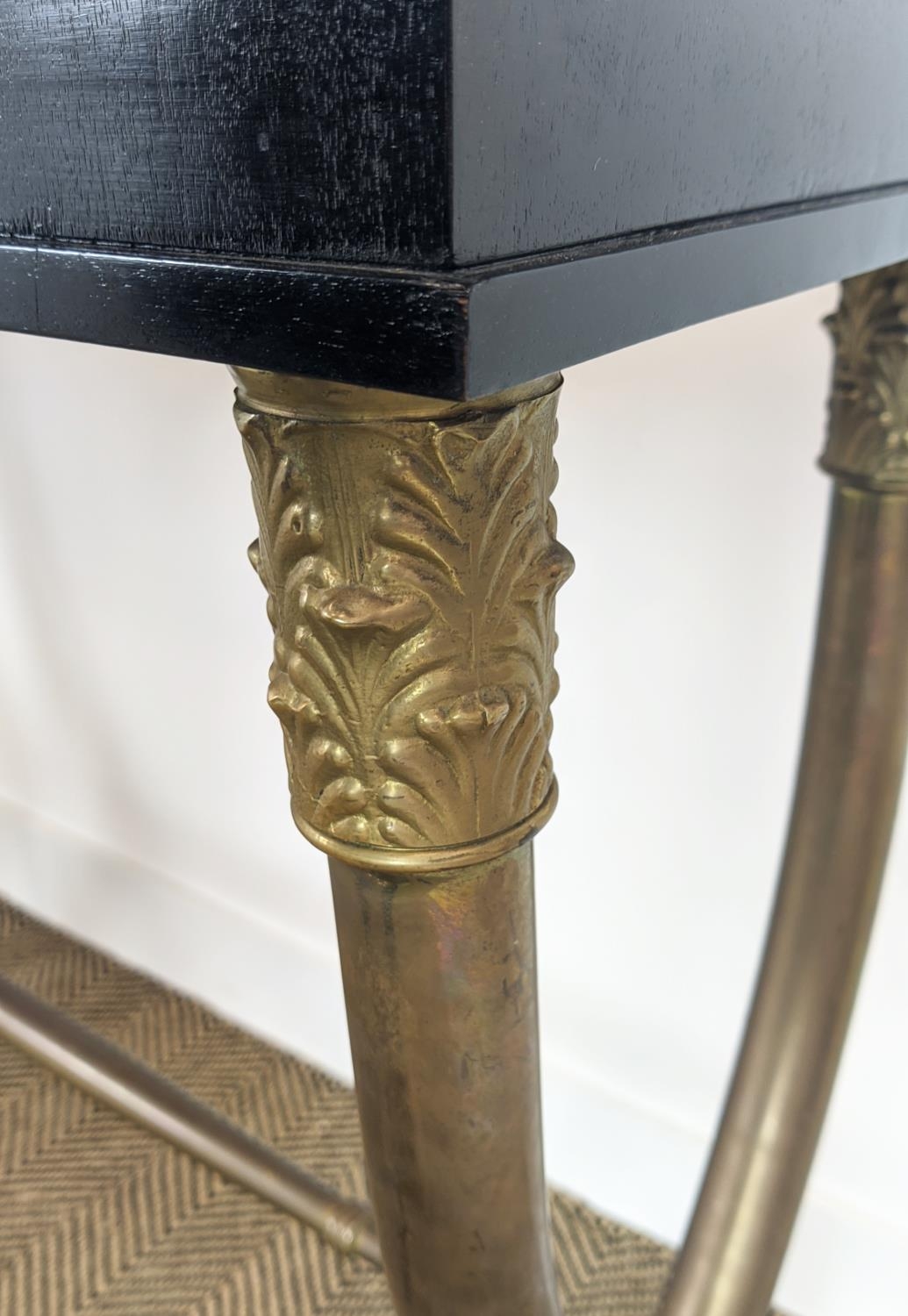 CONSOLE TABLES, a pair, gilt metal X frame supports, each with one drawer, 101cm x 32.5cm x 86. - Image 8 of 10