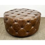 FOOTSTOOL, revolving buttoned hand dyed tanned leather, 55cm H x 98cm diam.