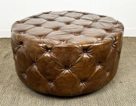 FOOTSTOOL, revolving buttoned hand dyed tanned leather, 55cm H x 98cm diam.