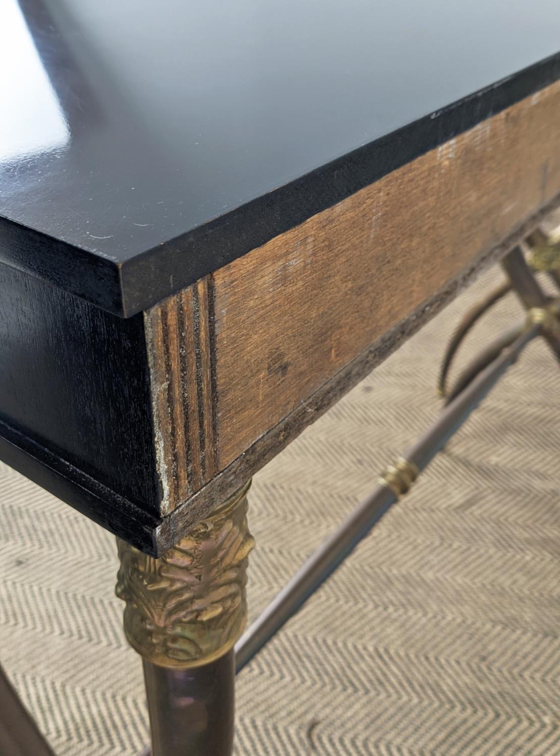 CONSOLE TABLES, a pair, gilt metal X frame supports, each with one drawer, 101cm x 32.5cm x 86. - Image 10 of 10