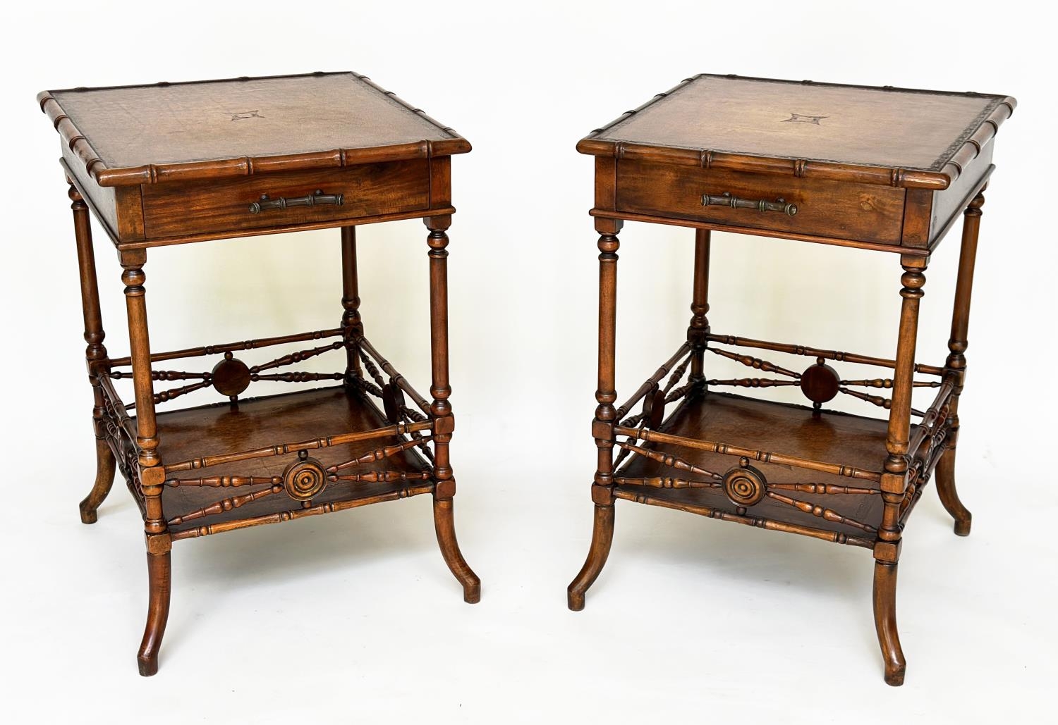 THEODORE ALEXANDER LAMP TABLES, a pair, Regency style, tooled leather faux bamboo and turned - Image 3 of 11