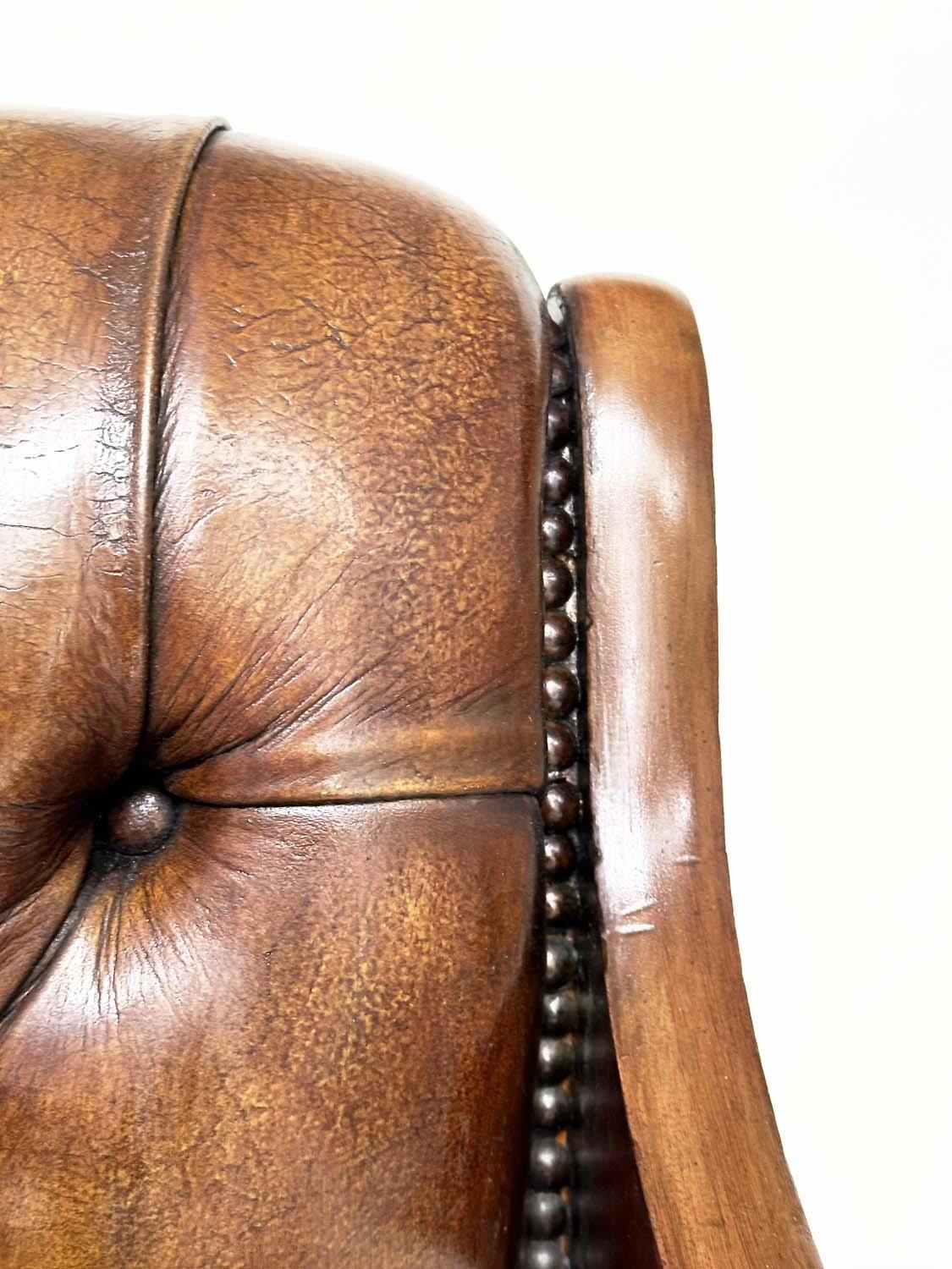 LIBRARY ARMCHAIRS, a pair, Georgian style buttoned soft natural antique brown leather upholstered - Image 6 of 9