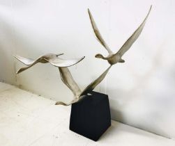 CONTEMPORARY SCHOOL SCULPTURE, silvered bronze of flying birds, 50cm H x 58cm W x 34cm D.