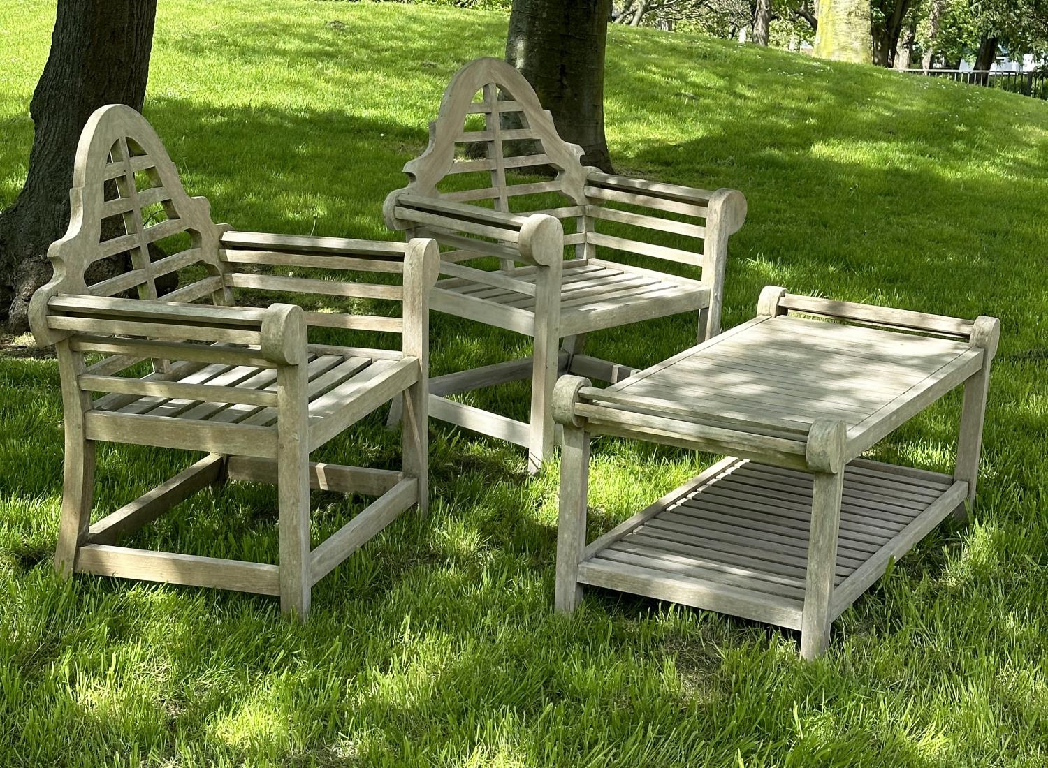 LUTYENS STYLE GARDEN ARMCHAIRS, a pair, well weathered teak, 103cm H x 90cm W, together with a - Image 6 of 8