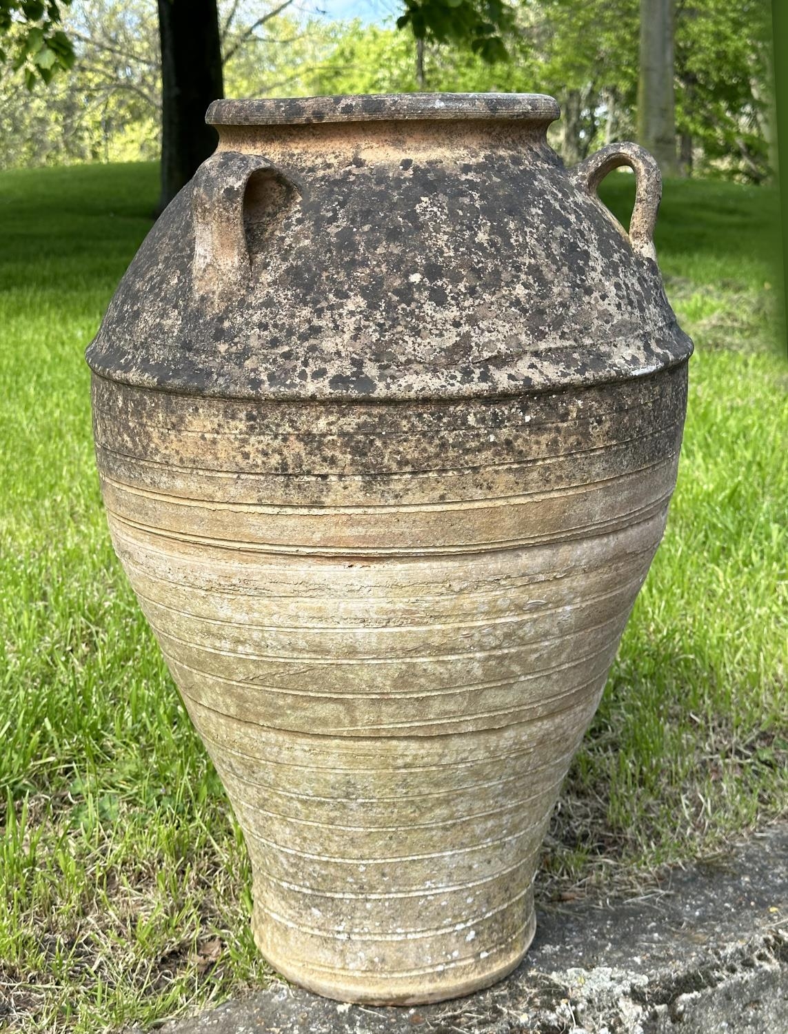 GARDEN AMPHORA, well weathered terracotta with loop handles and incised detail, 73cm H. - Image 2 of 8