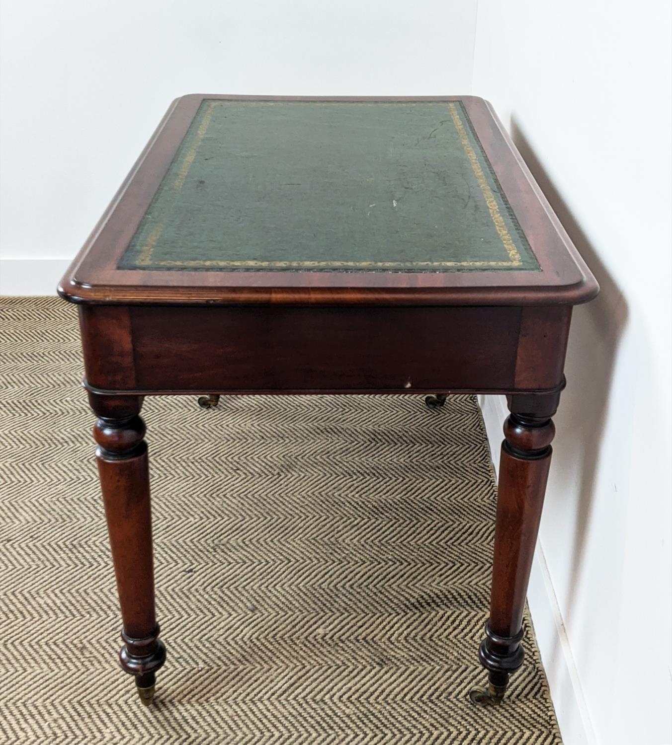 WRITING TABLE, Victorian mahogany with green leather above two drawers on brass castors, 75cm H x - Image 4 of 7