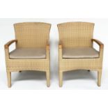 GLOSTER GARDEN ARMCHAIRS, a pair, all weather rattan woven and teak framed with cushion, 88cm H x