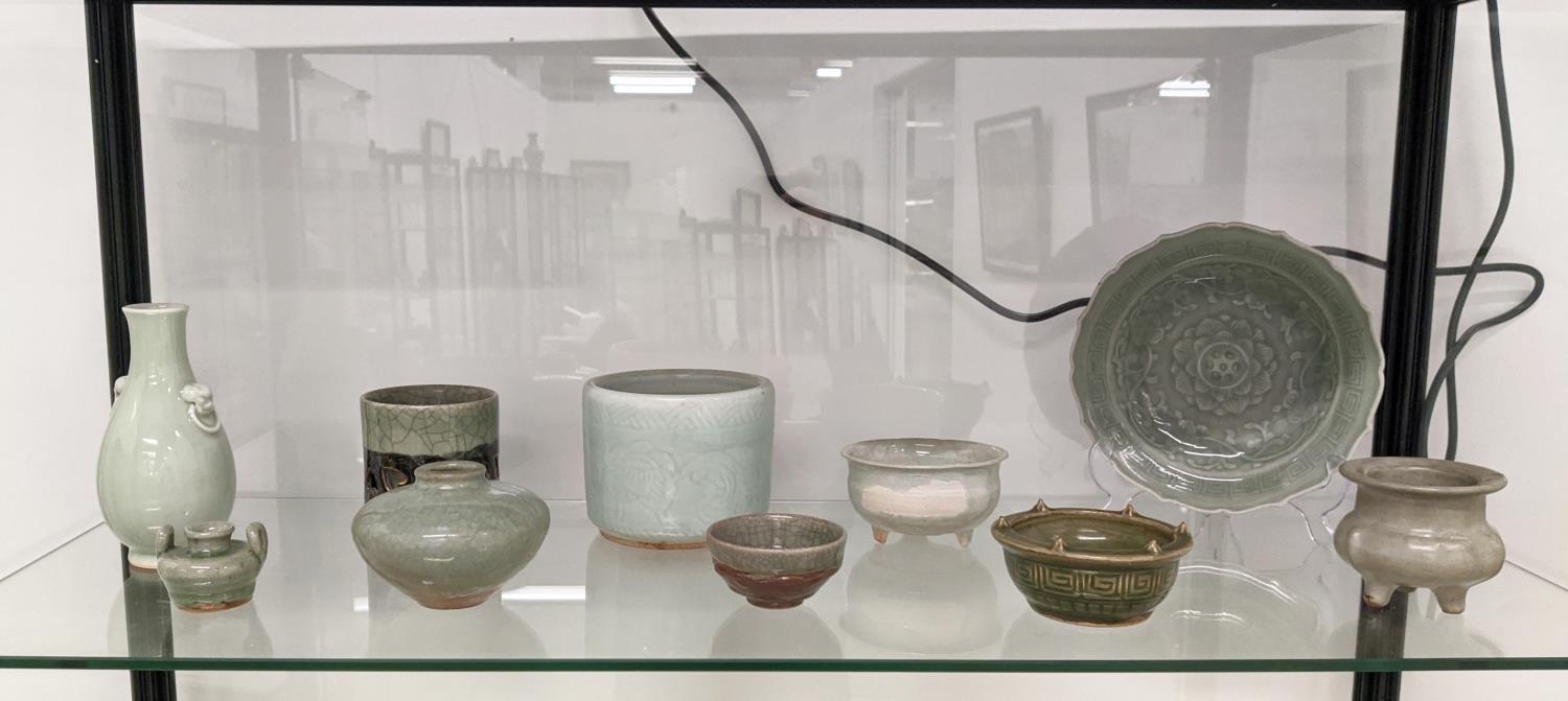 A COLLECTION OF CHINESE CELADON, including a 'Lotus' dish and a bottle vase with ring mask
