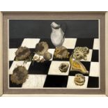 MJ BUNZL (20th century Continental), 'Checkerboard Still Life', oil on board, 75cm x 98cm, framed.