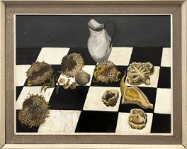 MJ BUNZL (20th century Continental), 'Checkerboard Still Life', oil on board, 75cm x 98cm, framed.