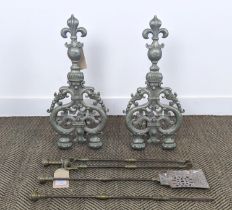 FIRE DOGS, a pair, antique French silvered metal, 65cm H x 31cm W x 22cm D, and a set of three