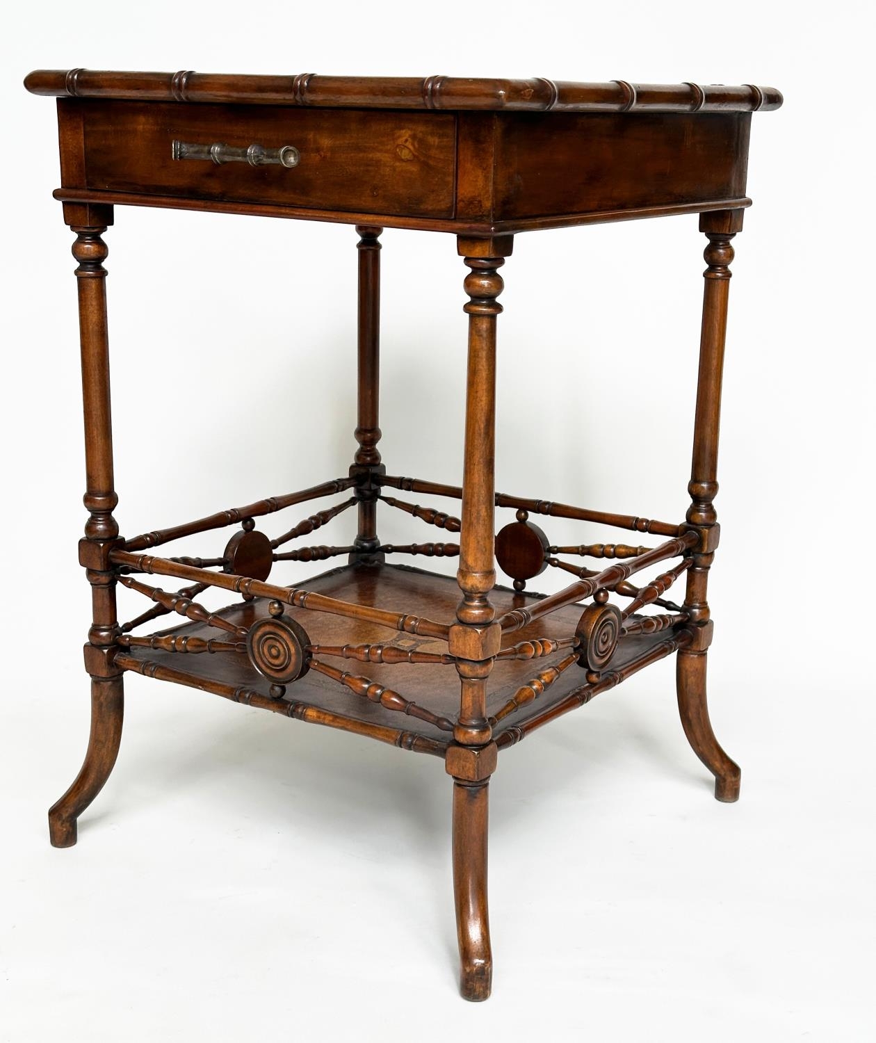 THEODORE ALEXANDER LAMP TABLES, a pair, Regency style, tooled leather faux bamboo and turned - Image 9 of 11