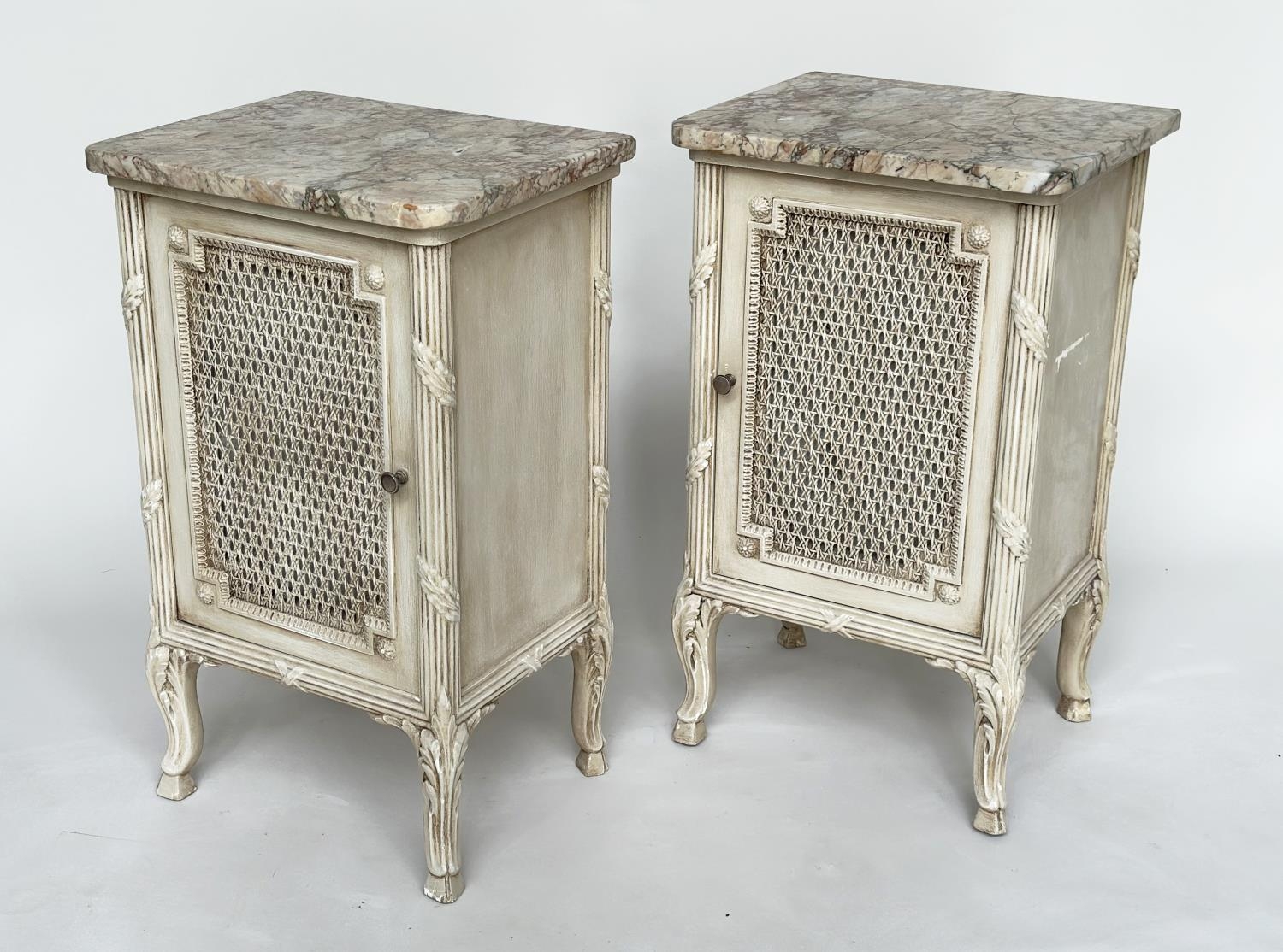TABLES DE NUIT, a pair, French traditional style grey painted, each with cane panelled door, - Image 7 of 9