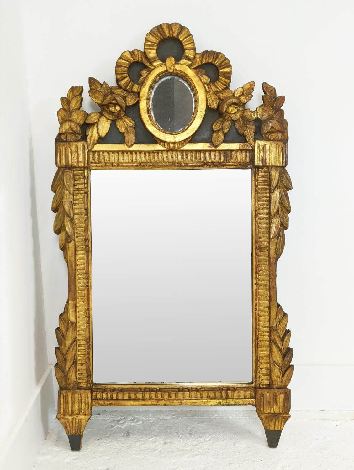 WALL MIRROR, Louis XVI giltwood and painted with bevelled plate and oval mirrored inset crest, - Image 3 of 6