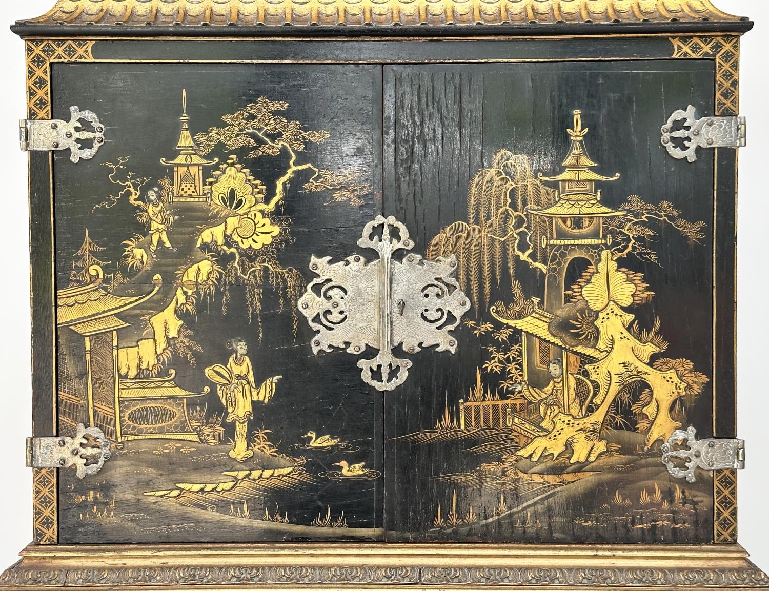 CABINET ON STAND, early 20th century English lacquered and gilt chinoiserie decorated, silvered - Image 5 of 11