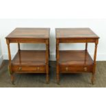 LAMP TABLES, a pair, Georgian style yewwod, each with green leather slide and drawer below on