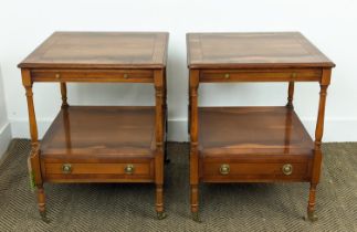 LAMP TABLES, a pair, Georgian style yewwod, each with green leather slide and drawer below on