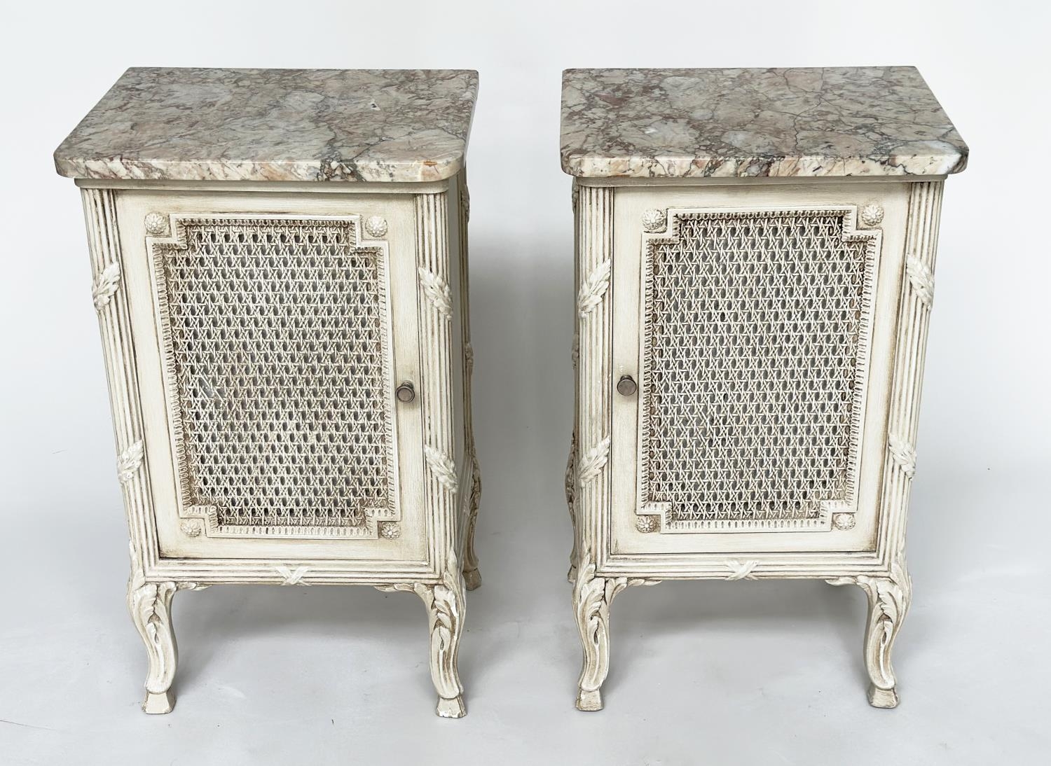 TABLES DE NUIT, a pair, French traditional style grey painted, each with cane panelled door, - Image 3 of 9