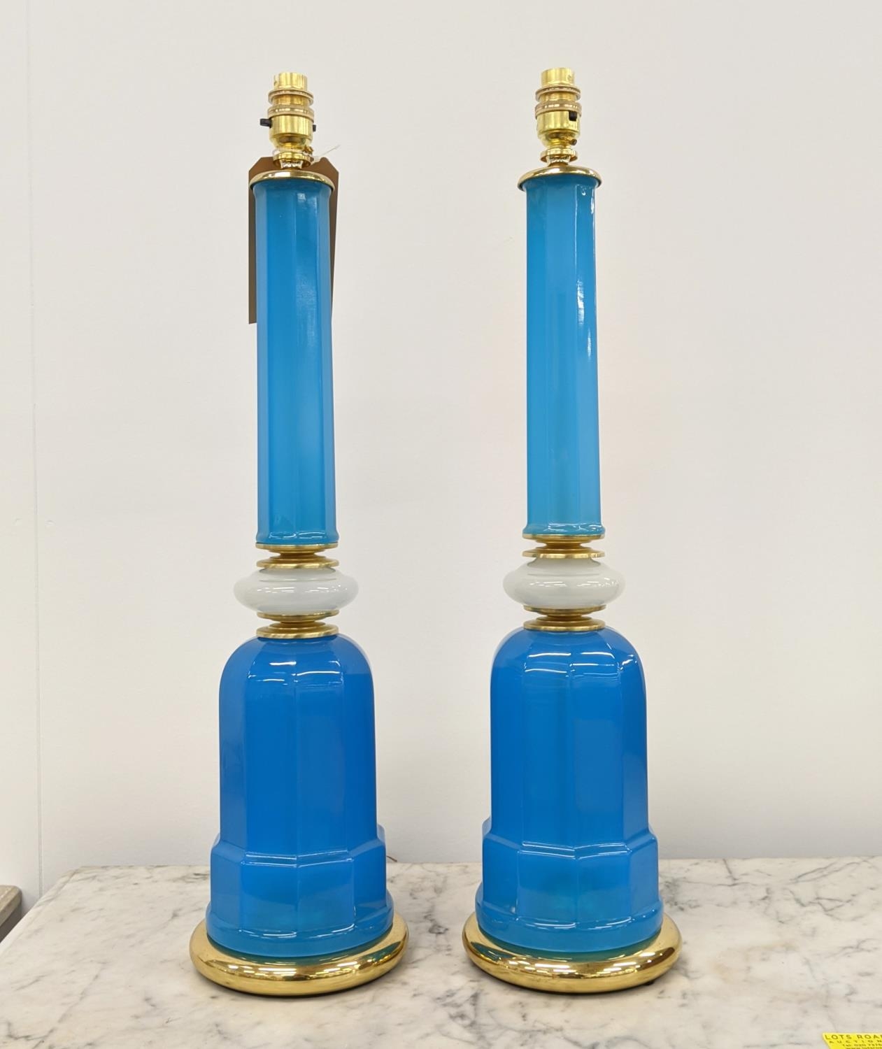 CENEDESE MURANO GLASS TABLE LAMPS, a pair, vintage blue and white opaline glass, gilt metal bases, - Image 5 of 5