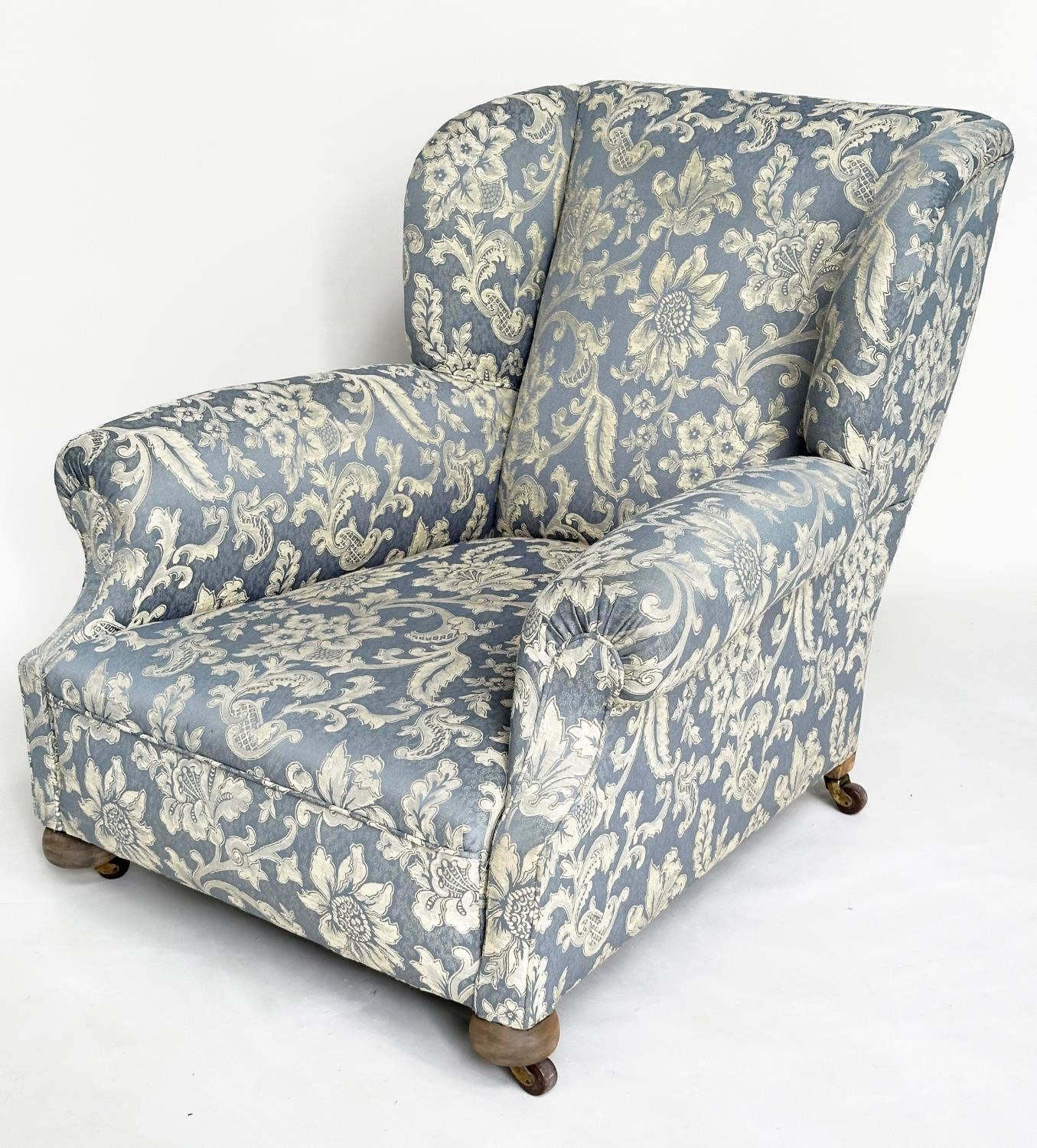 WING ARMCHAIR, Victorian Howard style with blue and white pleated upholstery on bun supports, 87cm H - Image 5 of 7