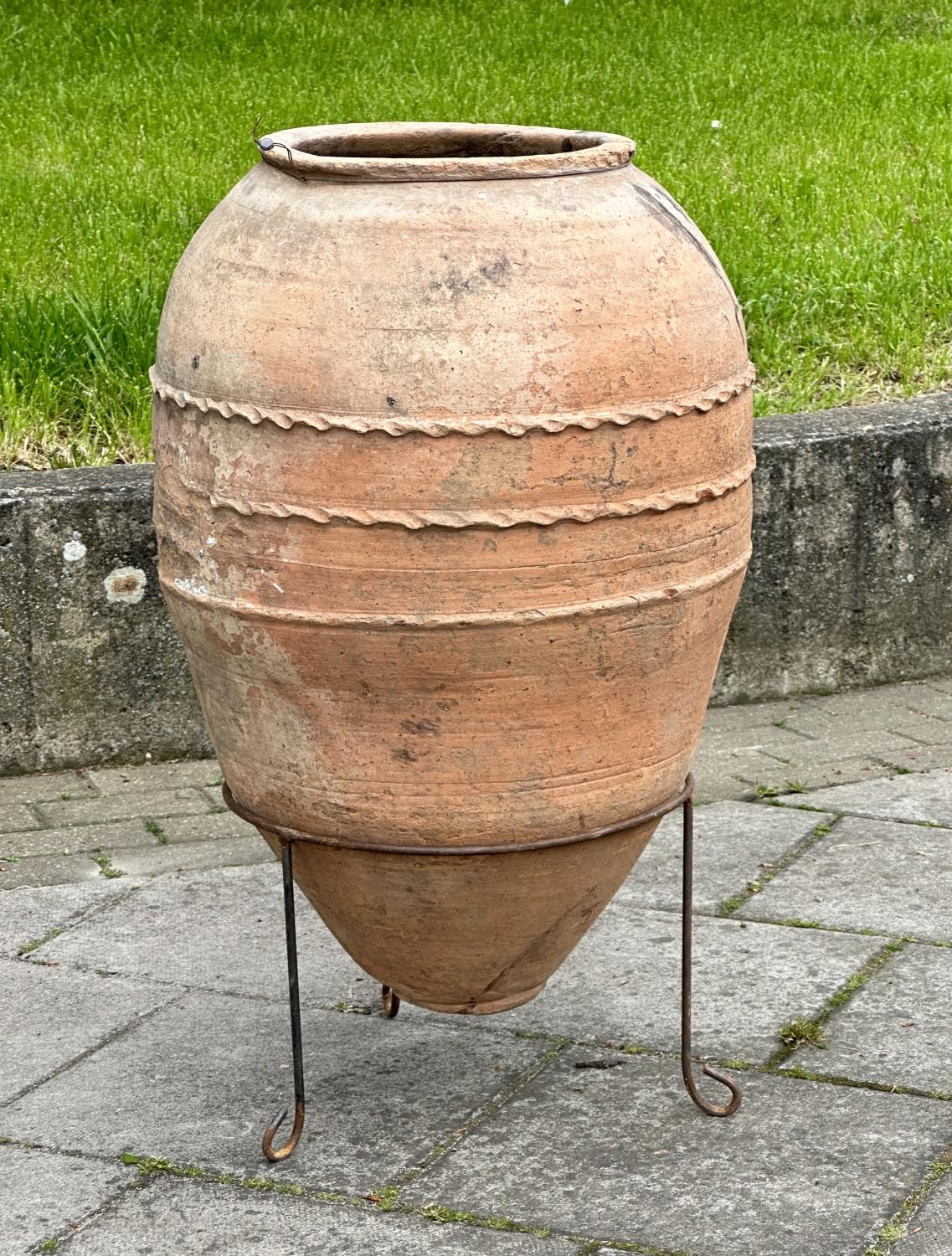 GARDEN OLIVE JAR, well weathered terracotta amphora, with pressed banded detail raised on wrought - Image 3 of 8
