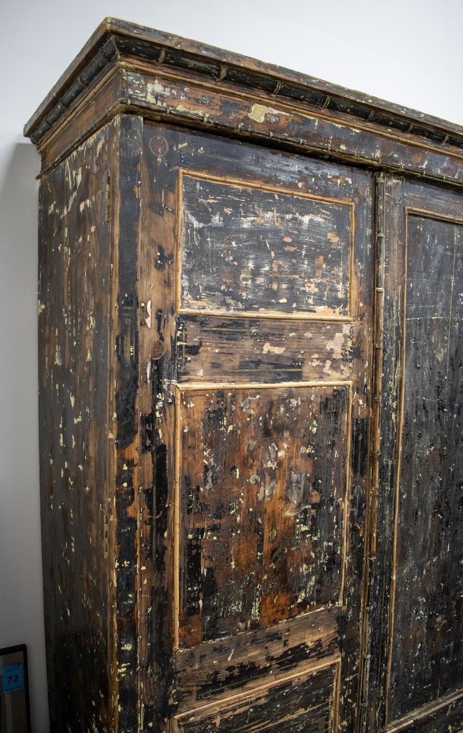 WARDROBE, Victorian faux bamboo distressed painted pine of three doors, enclosing brass hanging - Image 2 of 7