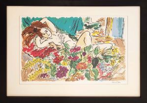 EDWARD PIPER (British 1938-1990), 'Nude reclining with flowers and mirror', lithograph, signed and