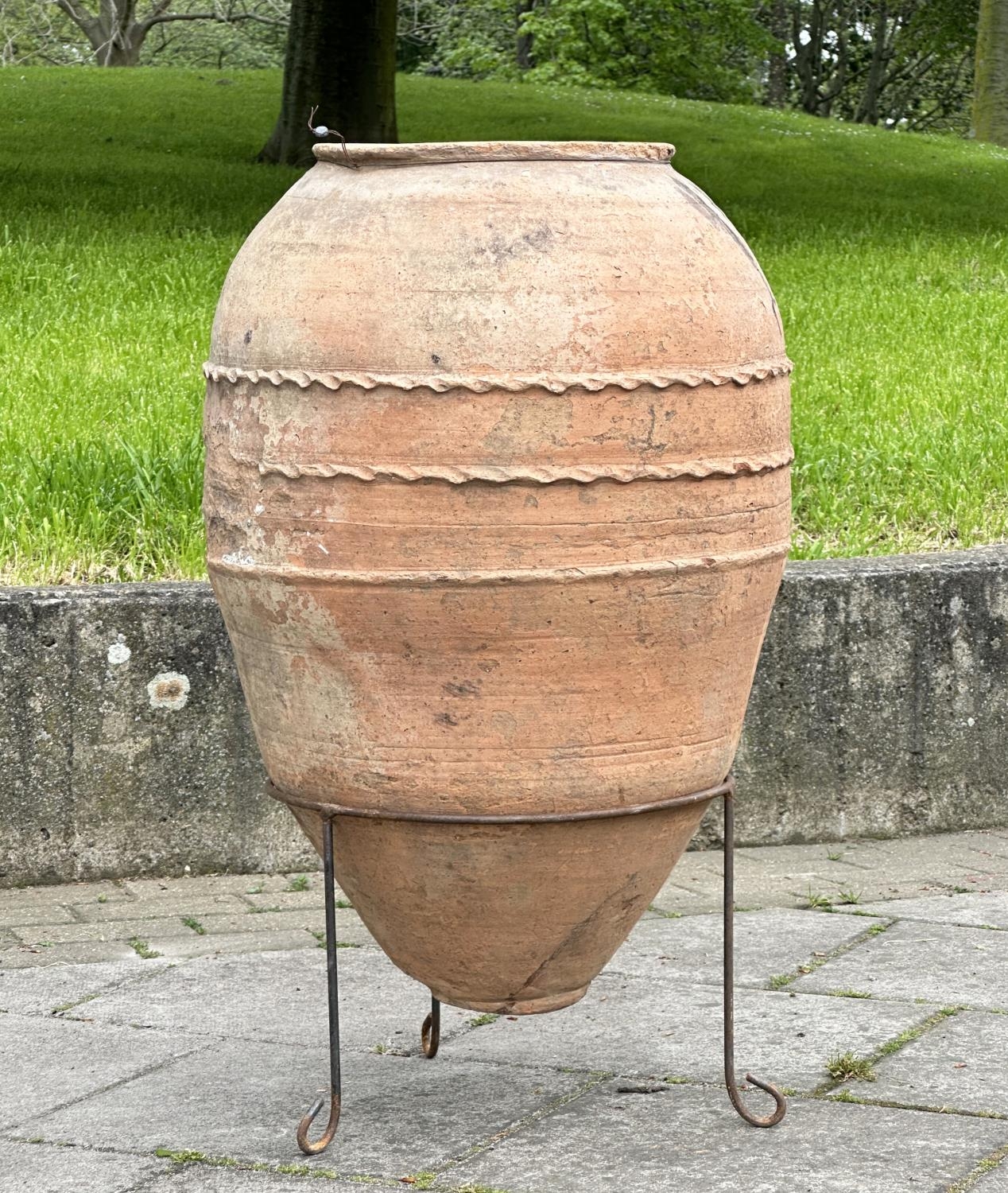 GARDEN OLIVE JAR, well weathered terracotta amphora, with pressed banded detail raised on wrought - Image 4 of 8
