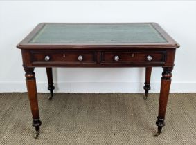 WRITING TABLE, Victorian mahogany with green leather above two drawers on brass castors, 75cm H x