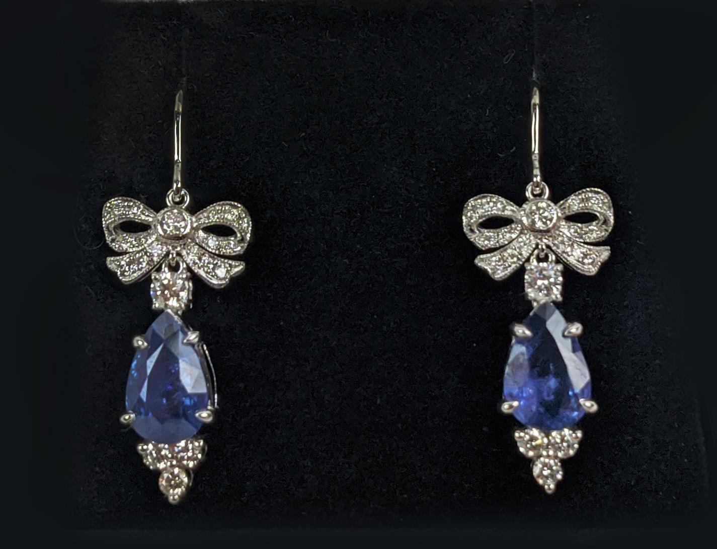 A PAIR OF 18CT WHITE GOLD SAPPHIRE AND DIAMOND PENDANT EARRINGS, central pear shaped faceted - Image 2 of 7