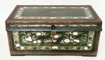 CHINESE EXPORT TRUNK, late 19th century hand painted and studded camphorwood depicting birds and