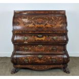 BOMBE CYLINDER BUREAU, 18th century Dutch walnut and marquetry with fall, fitted interior and pull