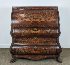 BOMBE CYLINDER BUREAU, 18th century Dutch walnut and marquetry with fall, fitted interior and pull