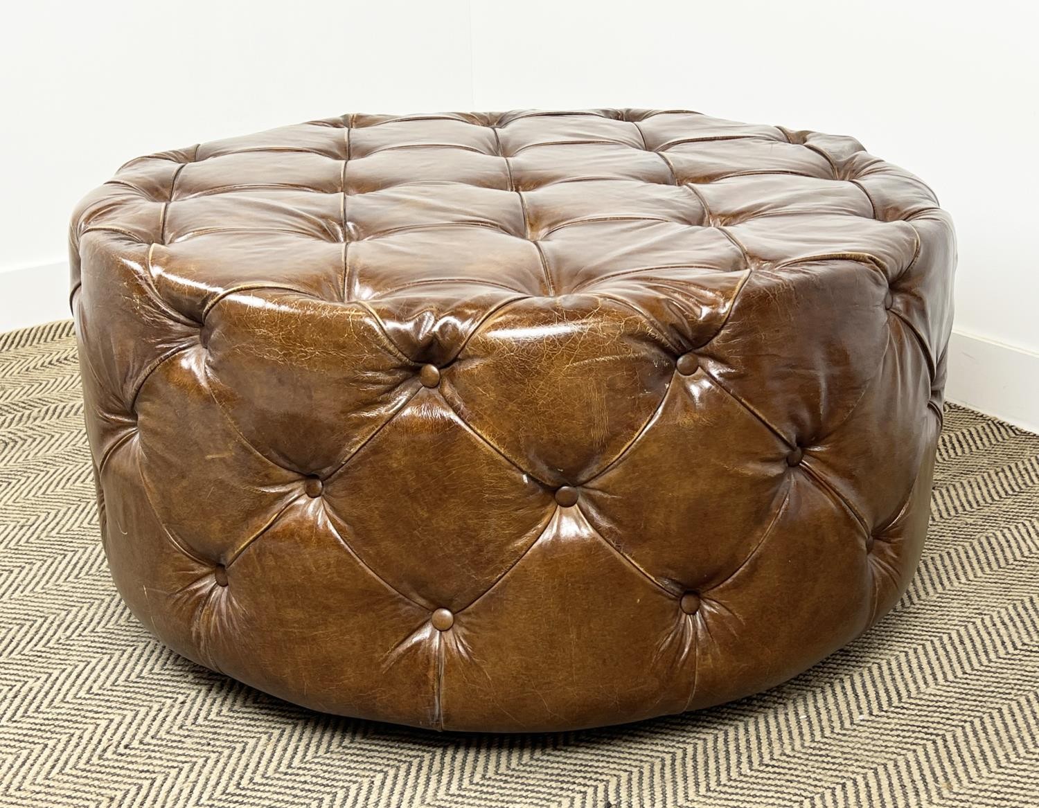 FOOTSTOOL, revolving buttoned hand dyed tanned leather, 55cm H x 98cm diam. - Image 5 of 5