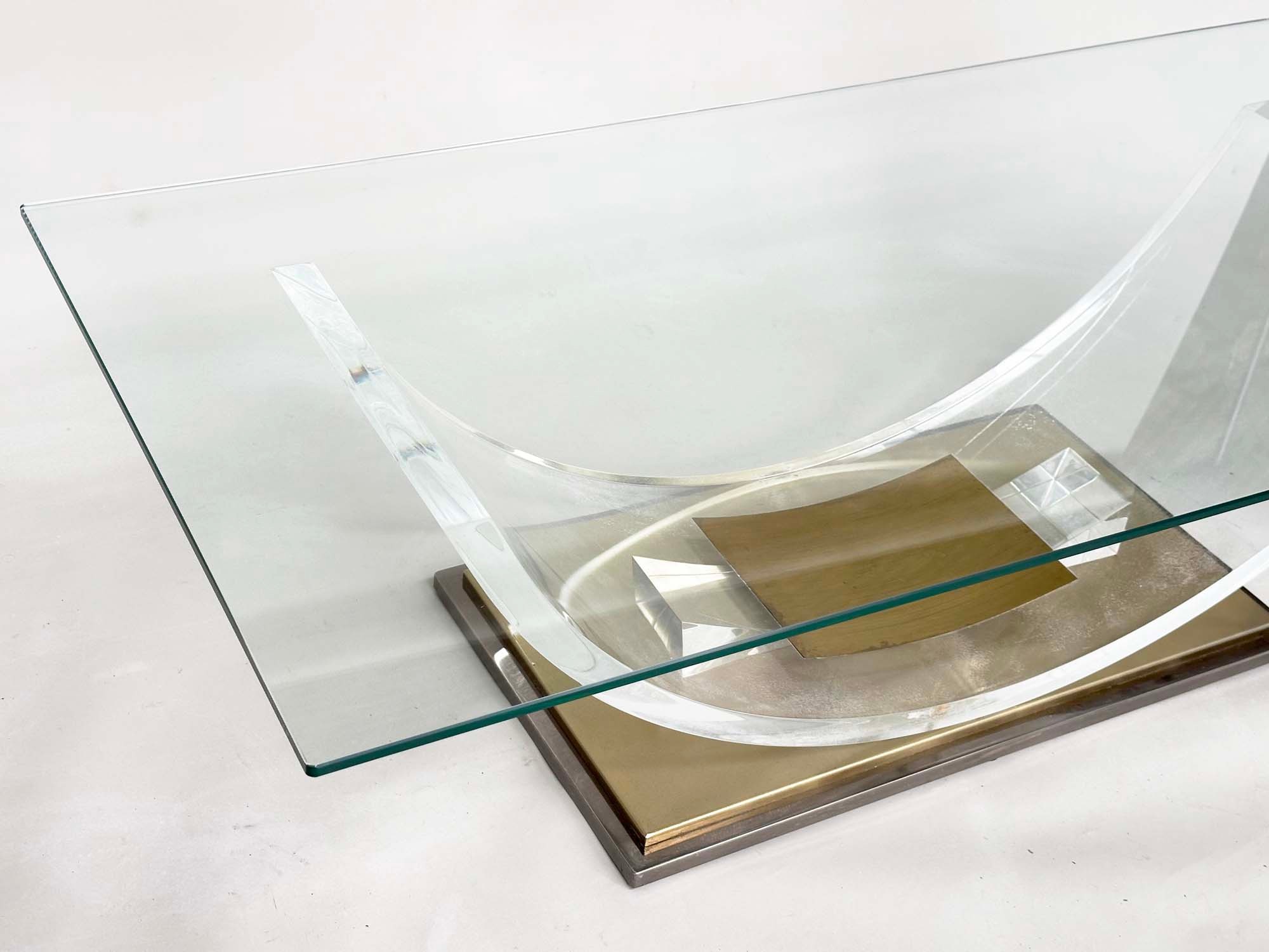BELGO CHROME LUCITE LOW TABLE, rectangular glazed on curved lucite support and gilt metal base, - Image 5 of 6