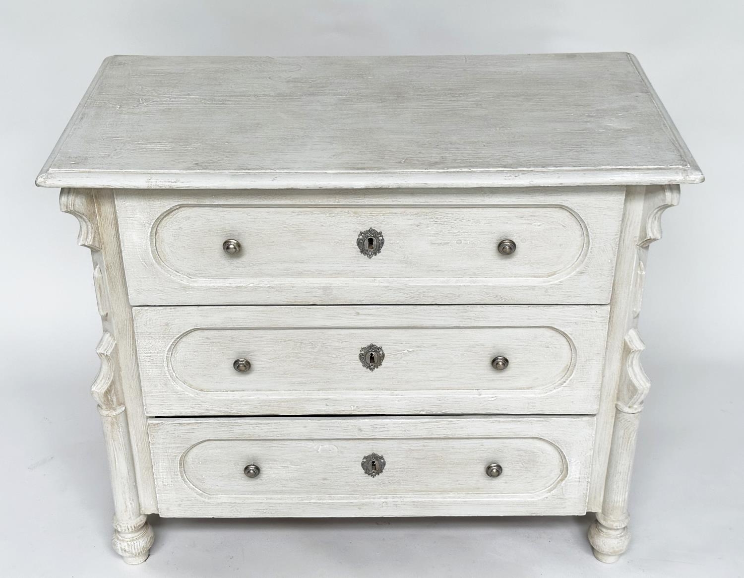 COMMODE, 19th century French traditionally grey painted with three long drawers and turned supports, - Image 7 of 10