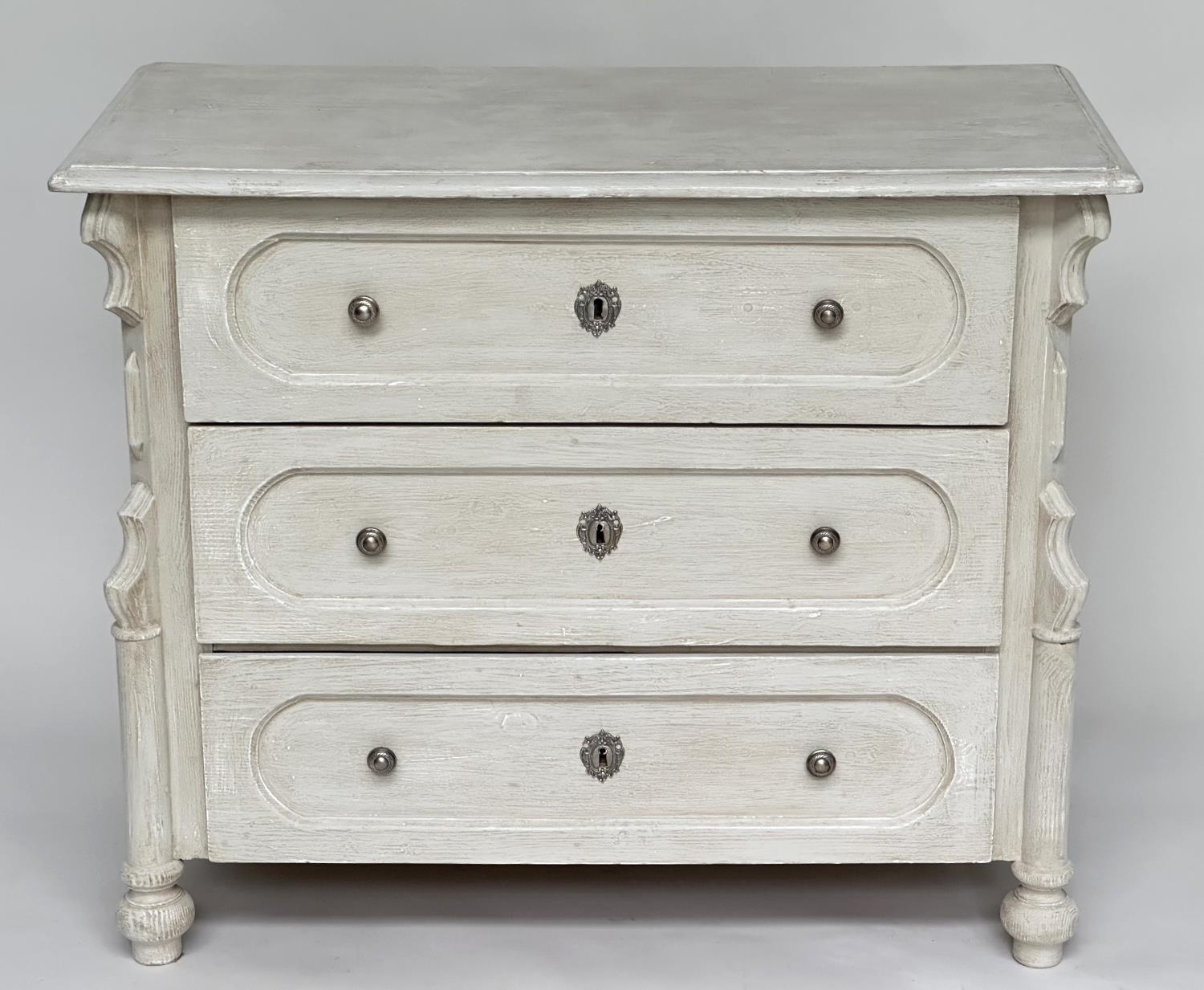 COMMODE, 19th century French traditionally grey painted with three long drawers and turned supports, - Image 3 of 10