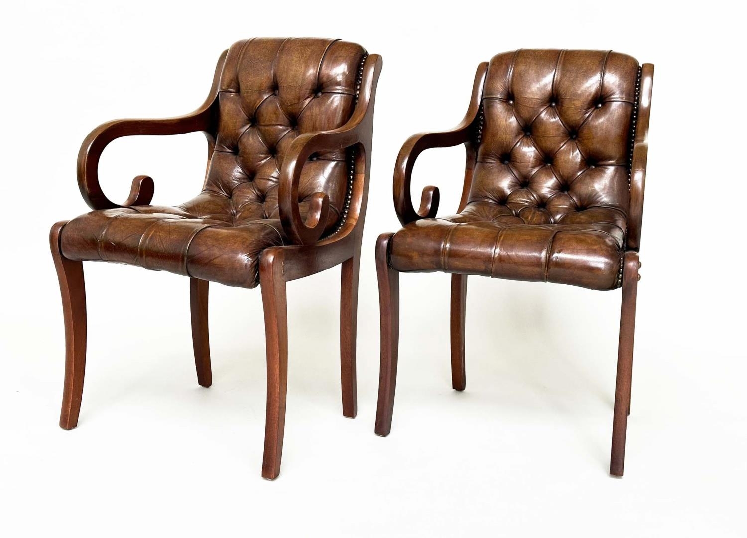 LIBRARY ARMCHAIRS, a pair, Georgian style buttoned soft natural antique brown leather upholstered - Image 2 of 9