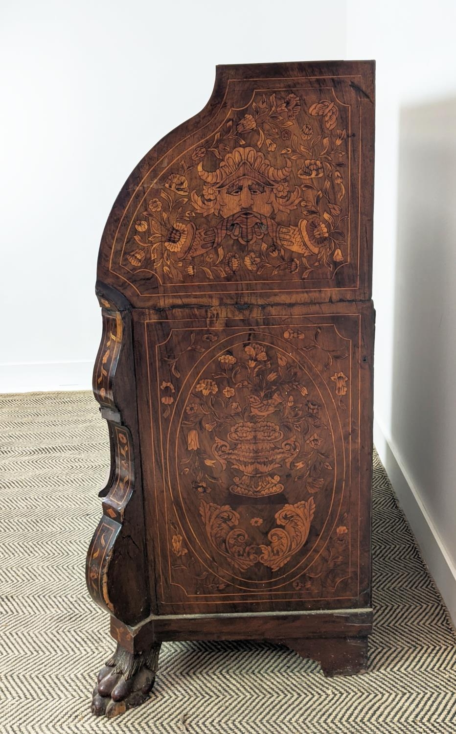 BOMBE CYLINDER BUREAU, 18th century Dutch walnut and marquetry with fall, fitted interior and pull - Image 3 of 10