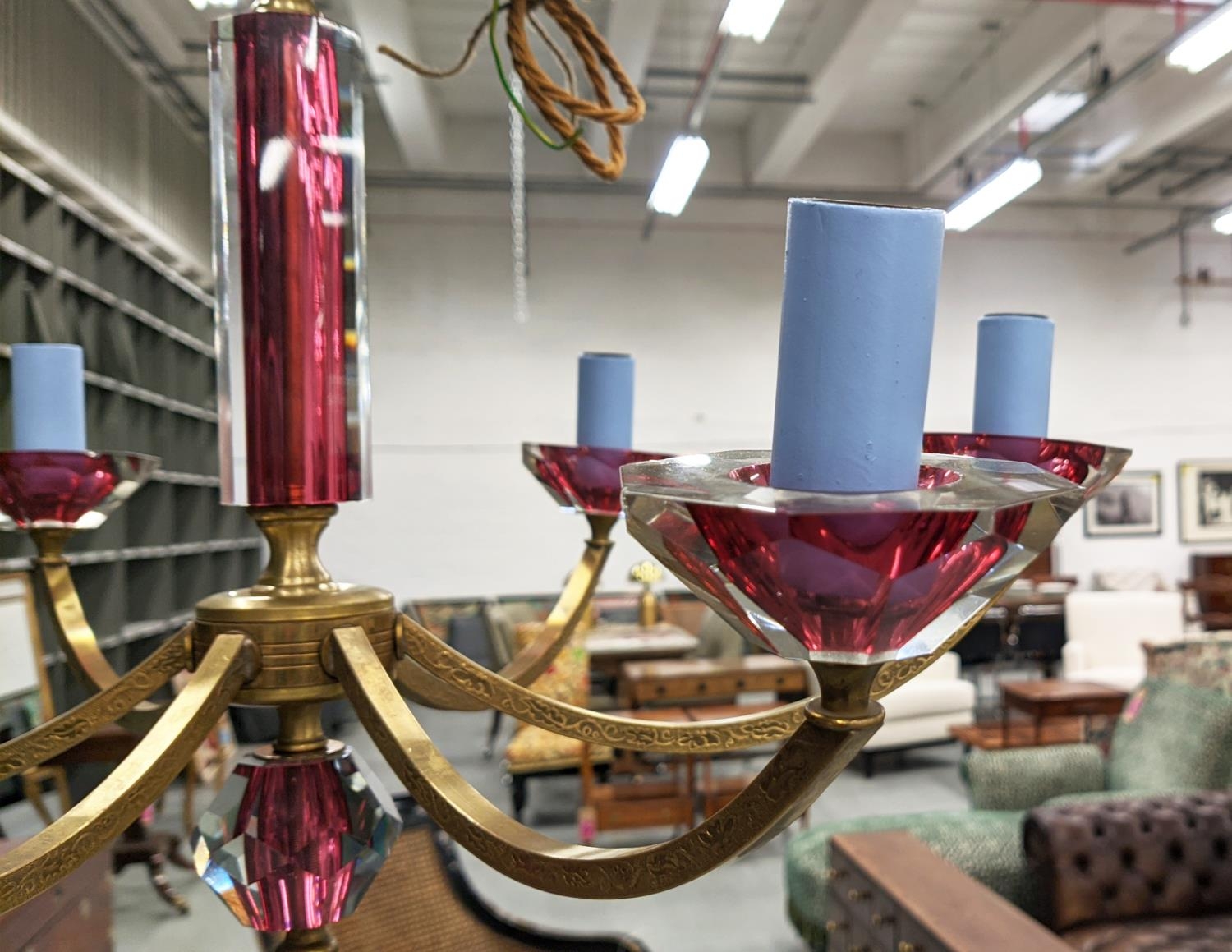 MURANO GLASS CHANDELIER, vintage mid 20th century Cranberry Mazzucato cut glass prisms, 75cm drop - Image 4 of 6
