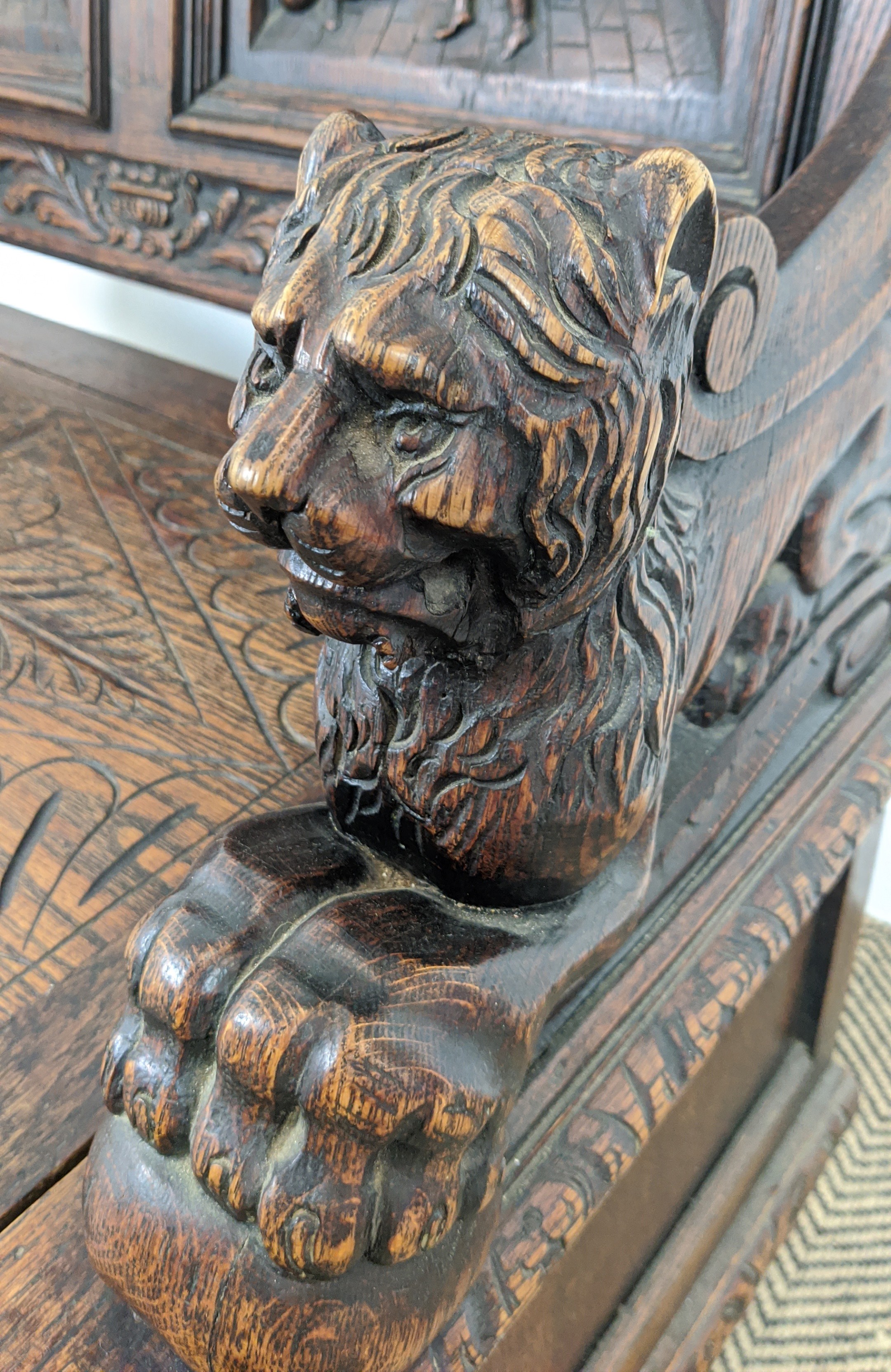 SETTLE, early 20th century Jacobean style oak with lion carved arms and hinged seat, 122cm H x - Image 6 of 12